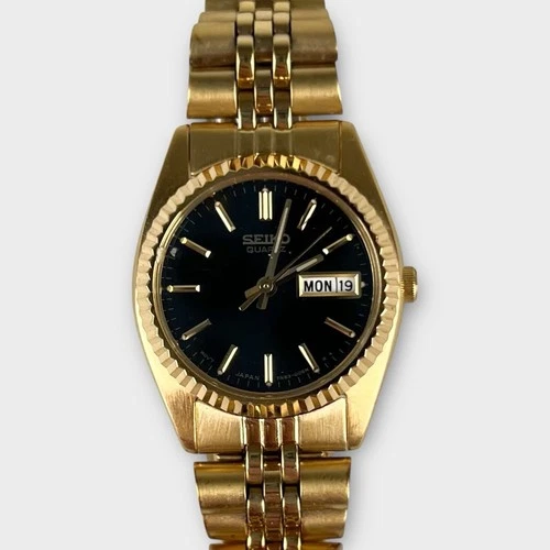 Seiko Quartz Gold Tone Day Date Black Dial Vintage Women’s Watch