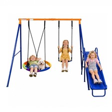 3-in-1 Heavy-Duty Kids Outdoor Swing Set: Saucer, Belt, Slide  500lb Stand