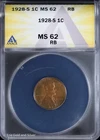 1928 S 1C Lincoln Wheat Cent ANACS MS 62 RB | Red Brown Uncirculated UNC BU