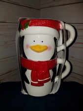 🆕 Peppermint Place Penguin Christmas Set 2  14oz Stackable Coffee Mugs