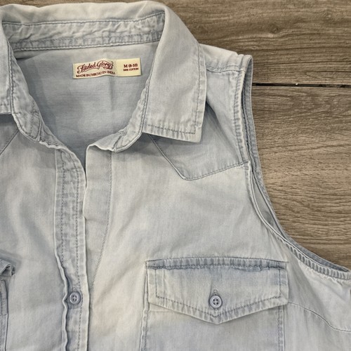 Top camicia Faded Glory taglia media senza maniche colletto lavato chiaro con bottoni - Foto 2 di 5