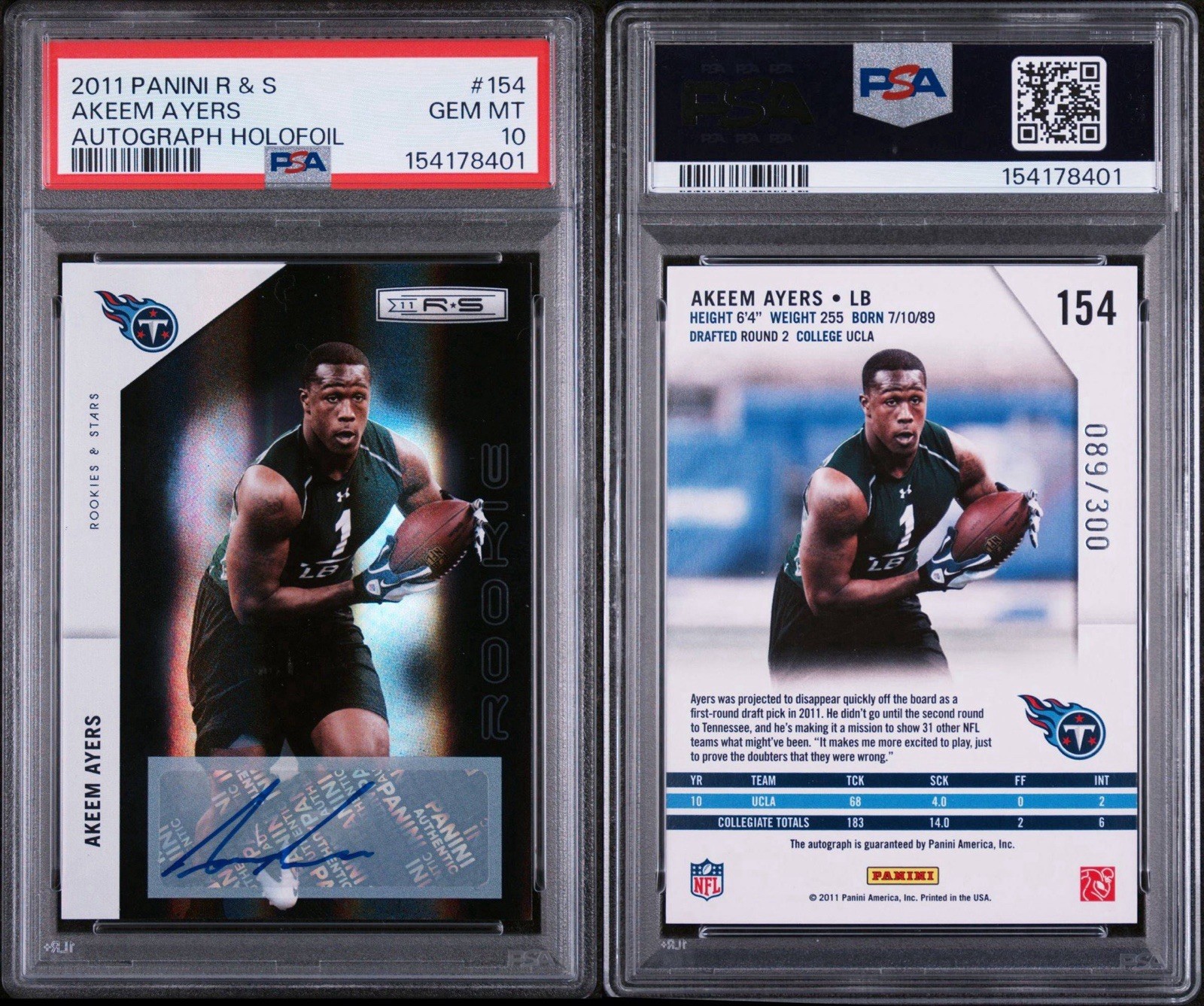 2011 Panini R & S #154 Akeem Ayers PSA 10 GEM Autograph Holofoil #089/300 Titans view 3