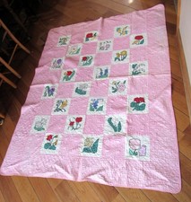 Vintage Hand-Quilted Appliqué & Embroidered Quilt ILLINOIS QUILT PROJECT 65"x79"