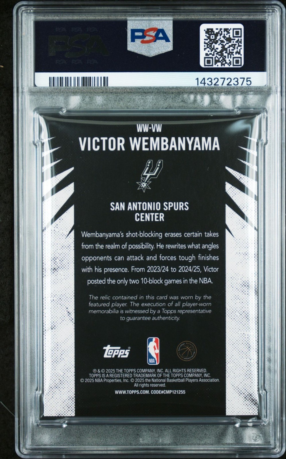 2025-26 Topps Wembanyama Woven Wonders Relic Red Holo Foil /5 PSA AUTH Spurs view 2