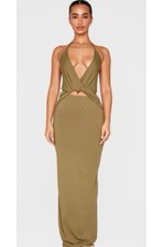 Prettylittlething Olive Green Halterneck Twist Detail Maxi Dress, Size Medium
