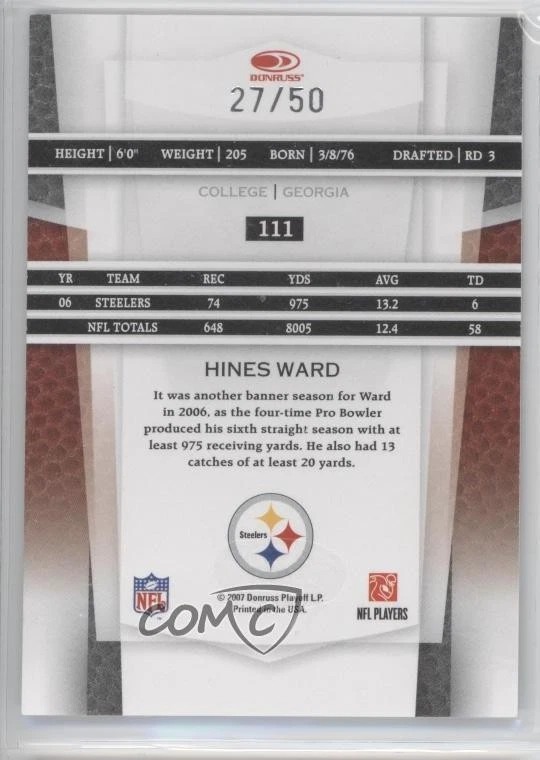 2007 Leaf Certified Materials Mirror Blue /50 Hines Ward #111 - Image 2 of 2