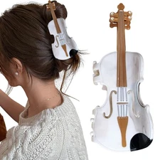 Violin Design Hair Claw Clip, White and Brown Musical Instrument Shaped Hair ...
