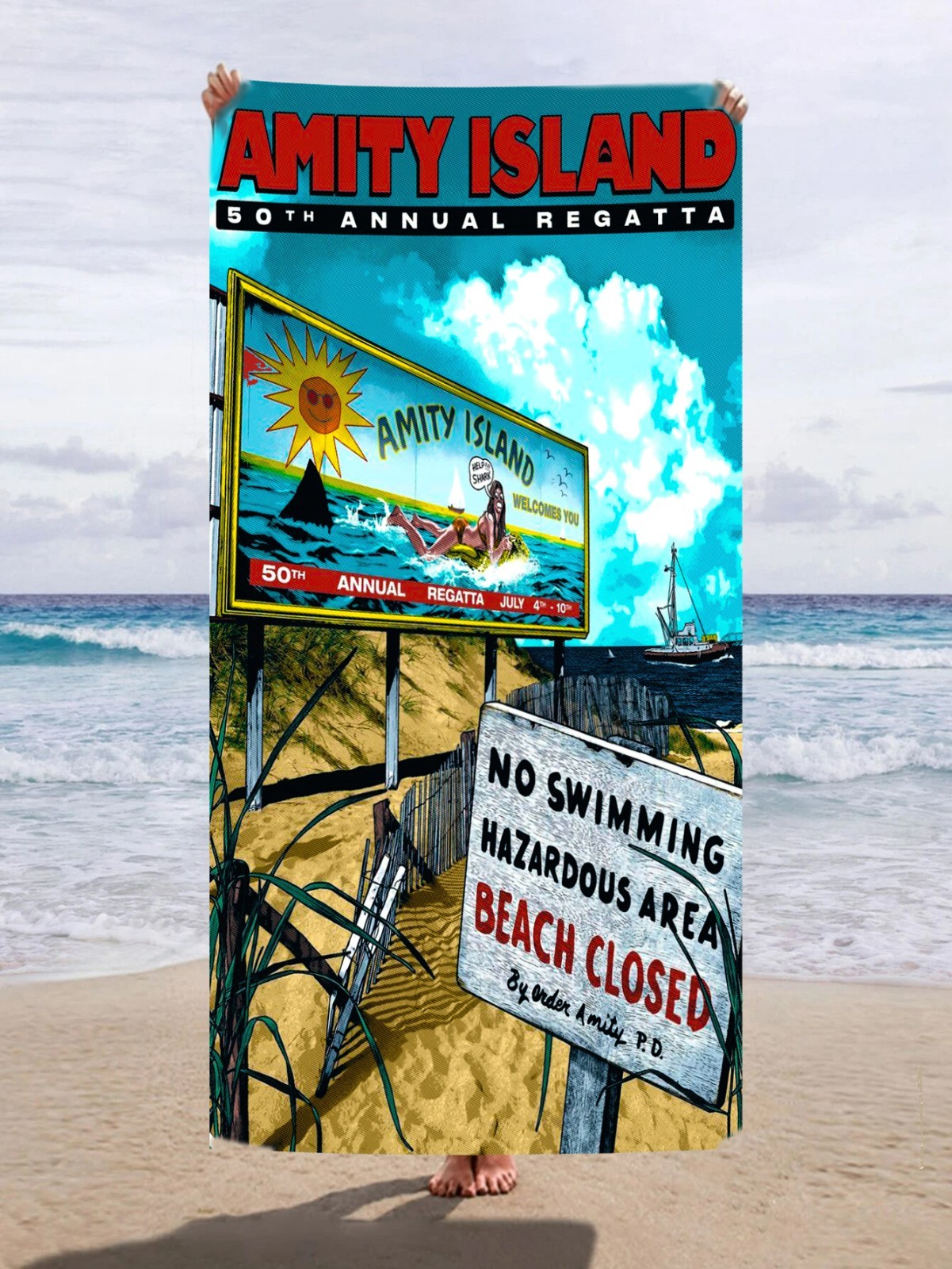 JAWS - AMITY REGATTA BEACH CLOSED  - Beach Towel - Movie - Shark -