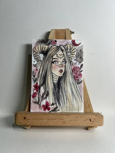 ACEO Original Watercolor Painting Gothic Horned Girl Celestial Dark Fantasy Art