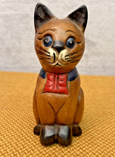 Vintage Hand Carved Wooden Cat Figurine 6" Sitting Statue Hand Painted Ornament