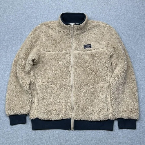 Abercrombie & Fitch Jacket Mens Medium Tan Sherpa Fleece Full Zip Navy Trim Y2K