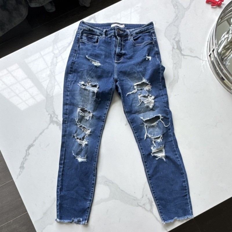 Cello Skinny Jeans Blue Medium Wash High Rise Distressed Pockets Zip Button