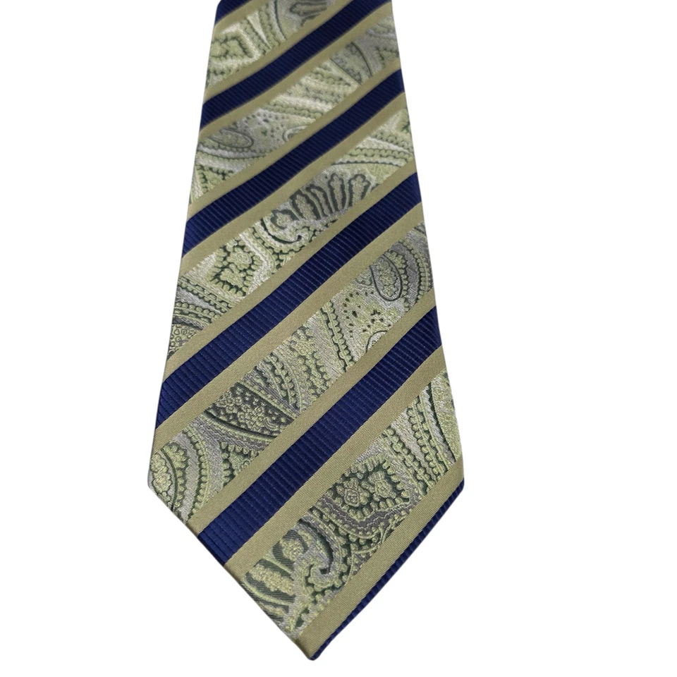 TIA Mens Necktie Blue Green Silk Metallic Paisley Striped Handmade Long Business - Image 2 of 4