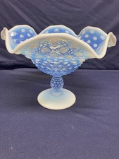 Fenton Blue Opalescent Hobnail Ruffled Edge Glass Bowl.