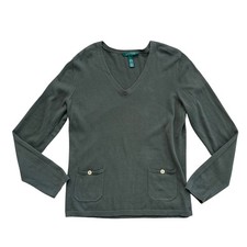 Lauren Ralph Lauren Olive Green V-Neck Cotton Sweater Gold Anchor Buttons L