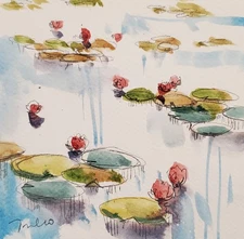 16x16 Waterlilies Pond Watercolor Modern Painting PRINT By Artist Jose TRUJILLO