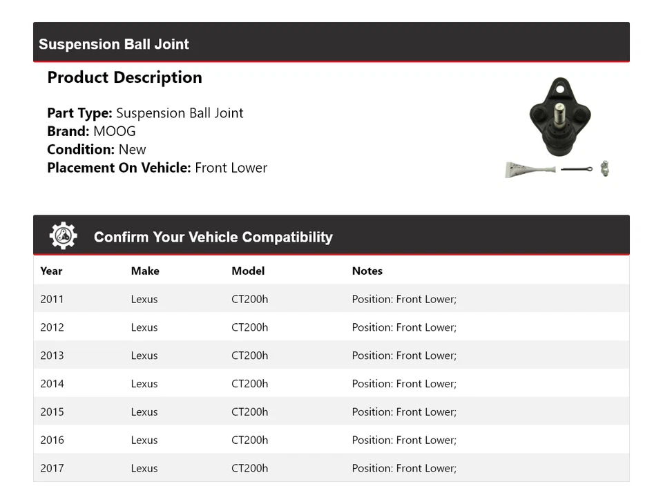 Para 2011-2017 Lexus CT200h junta esférica de suspensão dianteira inferior MOOG 2011 2012 2013 - Imagem 2 de 4