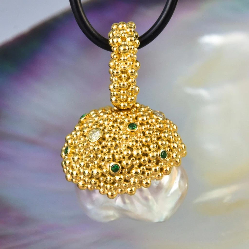 Gigantische South Sea Pearl Pendant Gold Vermeil Sterling, Diamant - & Smaragd - Bild 4 von 4