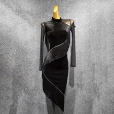 New Long Sleeve Tassel Latin Dance Dress Dancing Performance Ballroom Samba