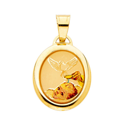 14K Yellow Gold Baptism Charm Pendant With Enamel Detail – Religious Gift Jewelry