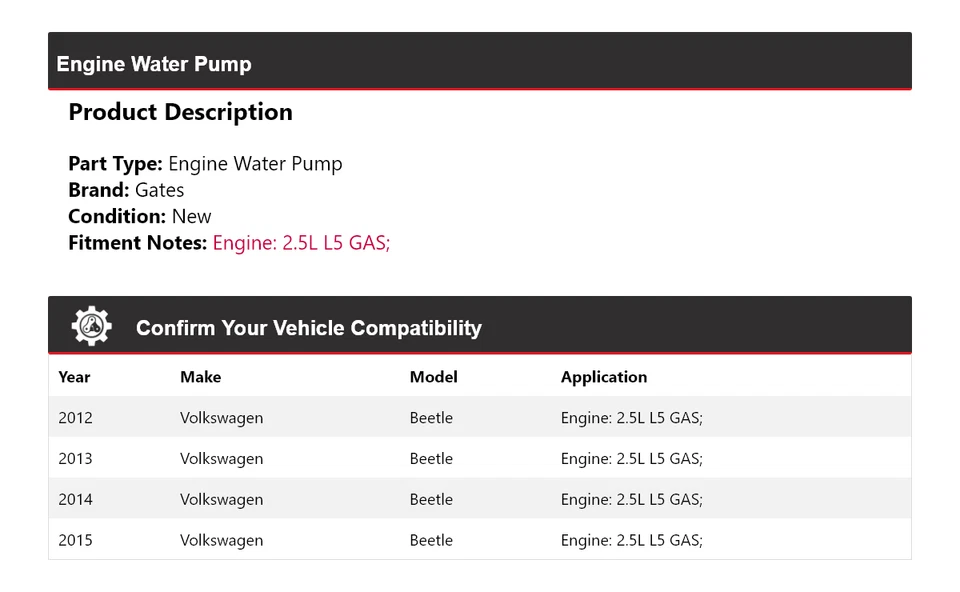 Para Volkswagen Beetle 2012-2015 2,5 L L L5 Motor Gas Bomba Agua Puertas 2013 2014 Foto 2 de 4
