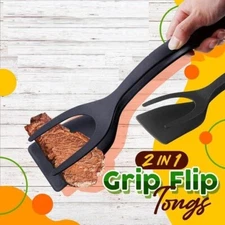 2 In 1 Grip Flip Tongs Egg French Toast Pancake Spatula Omelet Kitchen Utensil 
