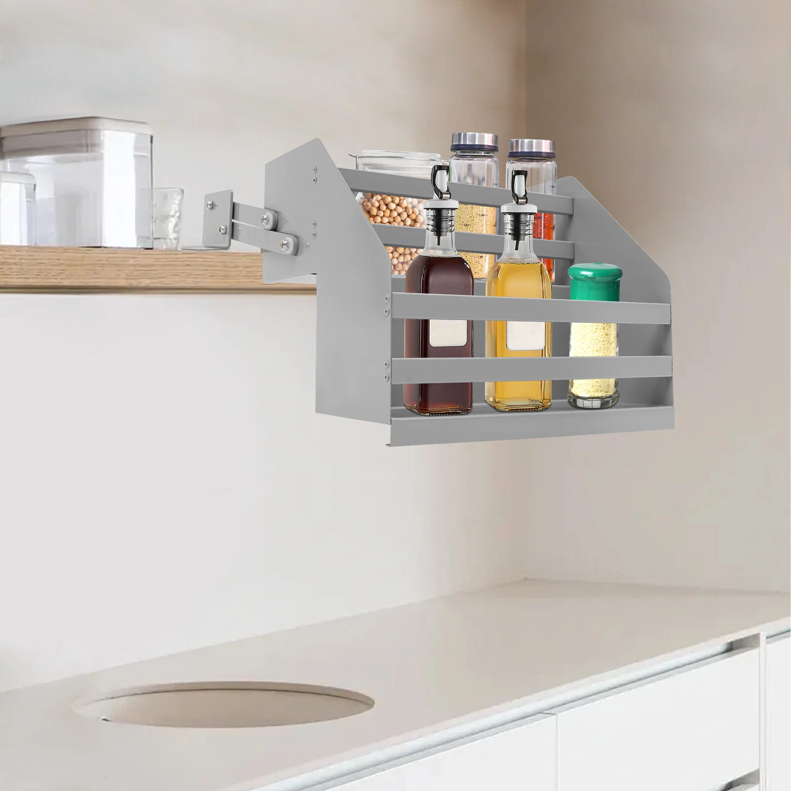 Pull Down Cabinet Organizer 2 Tier Pull-Out Cabinet Wall Shelf Spice Dishes Rack