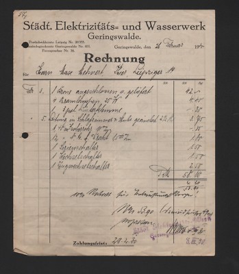 GERINGSWALDE, Rechnung 1930, Städt. Elektrizitäts-Wasser-Werk