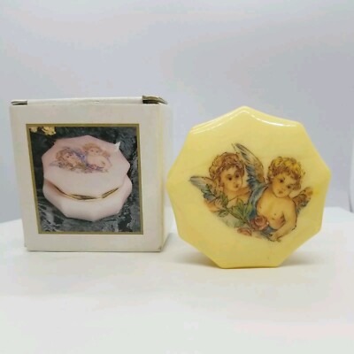 Vtg 80s Italian Alabaster Pill Box Angels Trinket Box  NIB