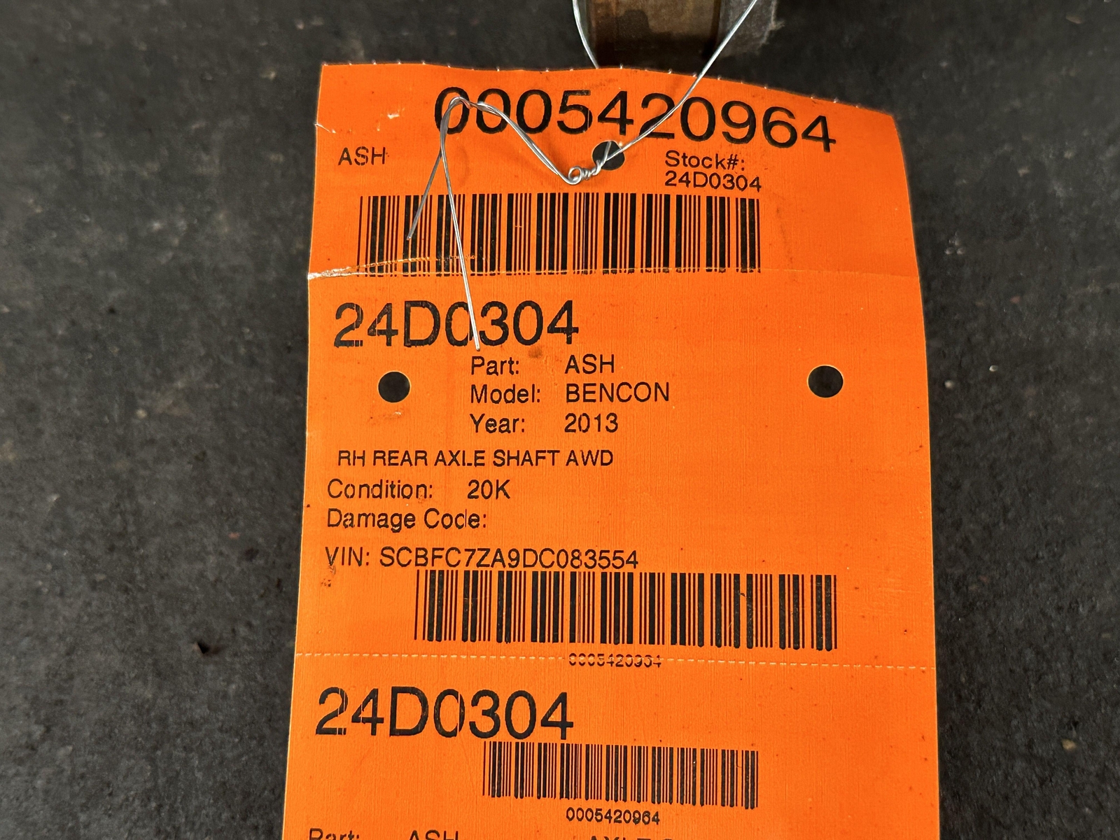 11-18 BENTLEY CONTINENTAL GT AWD REAR RIGHT PASSENGER SIDE AXLE SHAFT 3W0501203A