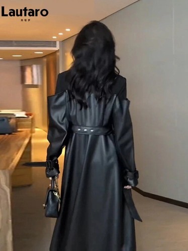 Trench cappotto lungo patchwork pelle pu per donna doppiopetto abbigliamento largo - Foto 3 di 9
