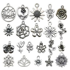 BLUK 100Pcs Flower Charms DIY Jewelry Making Pendants Antique Silver
