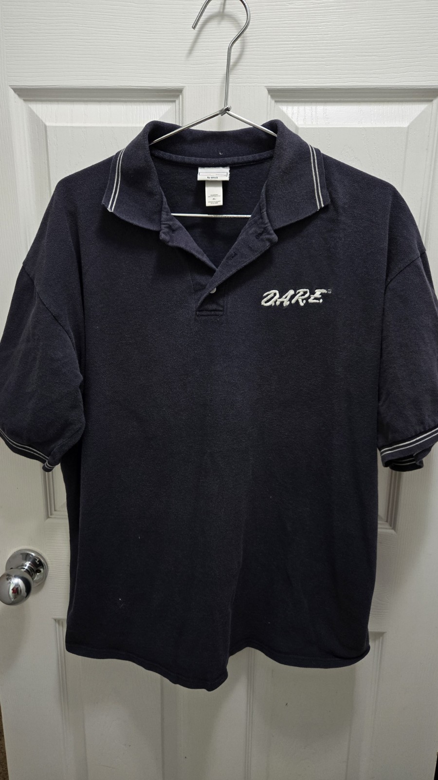 Vintage D.A.R.E. Polo Shirt Mens XL Navy Blue Anvil Cotton Deluxe Drug Free Tee