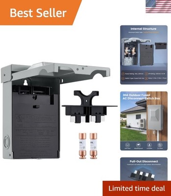 30 Amp Fused AC Disconnect Box, Outdoor Pull-Out Switch Enclosure with Fuse, ...