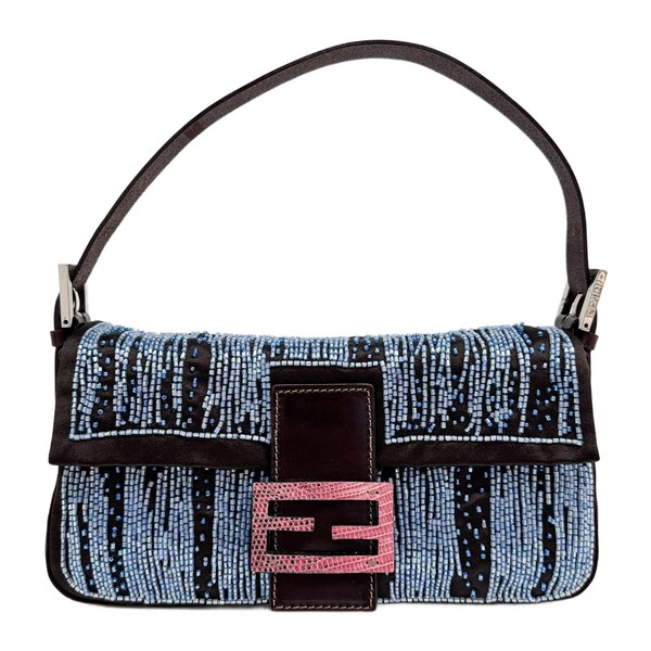 FENDI Baguette Brown Satin Blue Beads Shoulder Bag