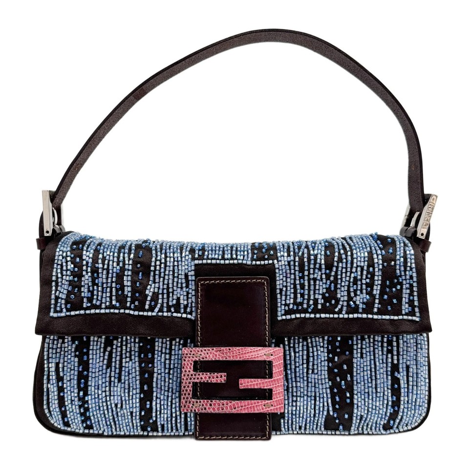 FENDI Baguette Brown Satin Blue Beads Shoulder Bag