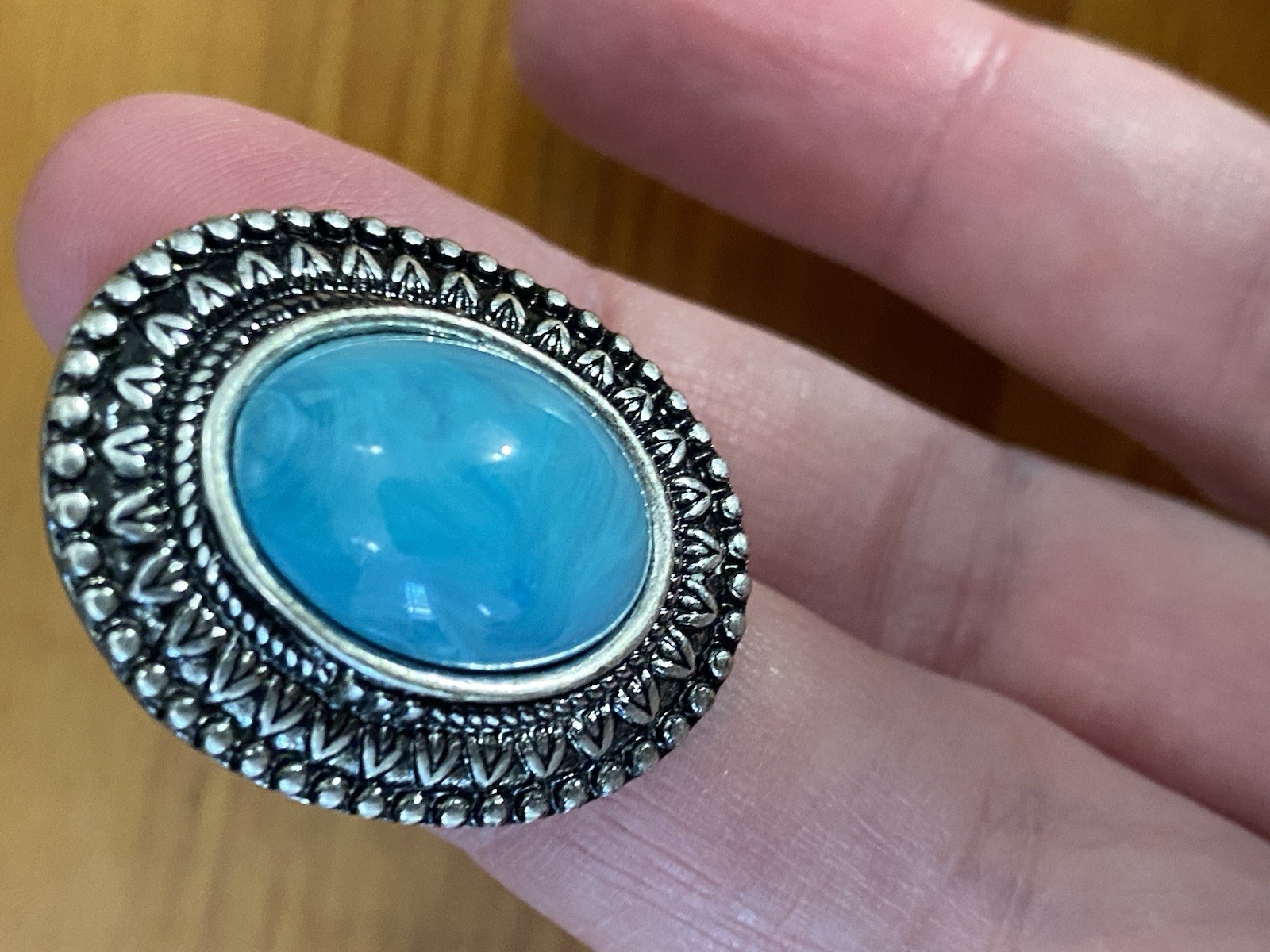 Turquoise Cabochon Statement Ring Silver Tone Boh… - image 3