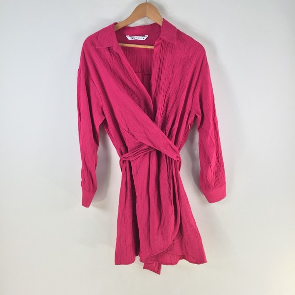 Zara shirt dress womens size S raspberry red long sleeve collar mini 122465