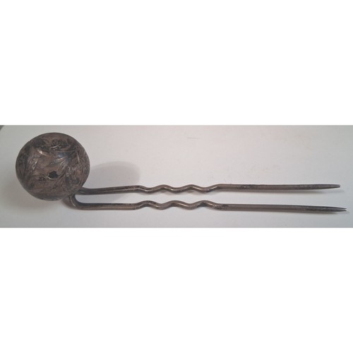 Antique Sterling Silver Repousse Floral Ball Hair Pin Fork 3.75 Inch Vintage