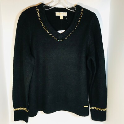 New $110 Michael Kors Black V Neck Sweater Gold Chain Trim Sz