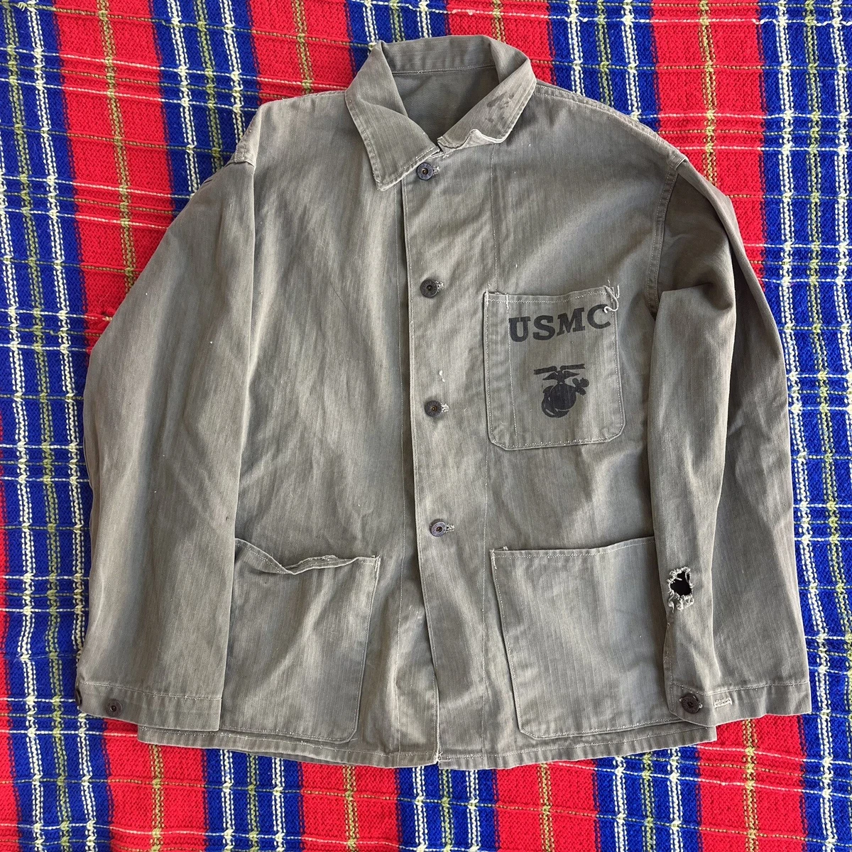Vtg 40s 50s WW2 USMC P41 HBT US Marines Field Utility Jacket Shirt W Stencil