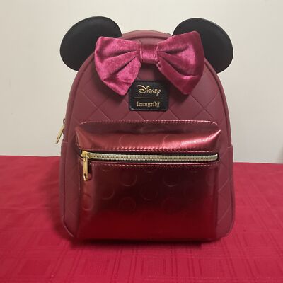 burgundy velour mini backpack LOUNGEFLY DISNEY MINNIE MOUSE BURGUNDY VELVET BOW MINI BACKPACK NWT!!!!