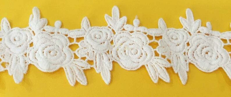 Borde de encaje de algodón guipur rosa bordado ganchillo blanco roto vintage 2 yardas Foto 3 de 4