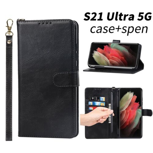 Case + SPen Samsung Galaxy S21 Ultra 5G Wallet Leather Cover S Pen Slot Black AU - Bild 1 von 10
