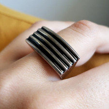 Vintage Sterling Silver Ring Size 7 Big Modernist Ribbed Ridged Industrial Wide