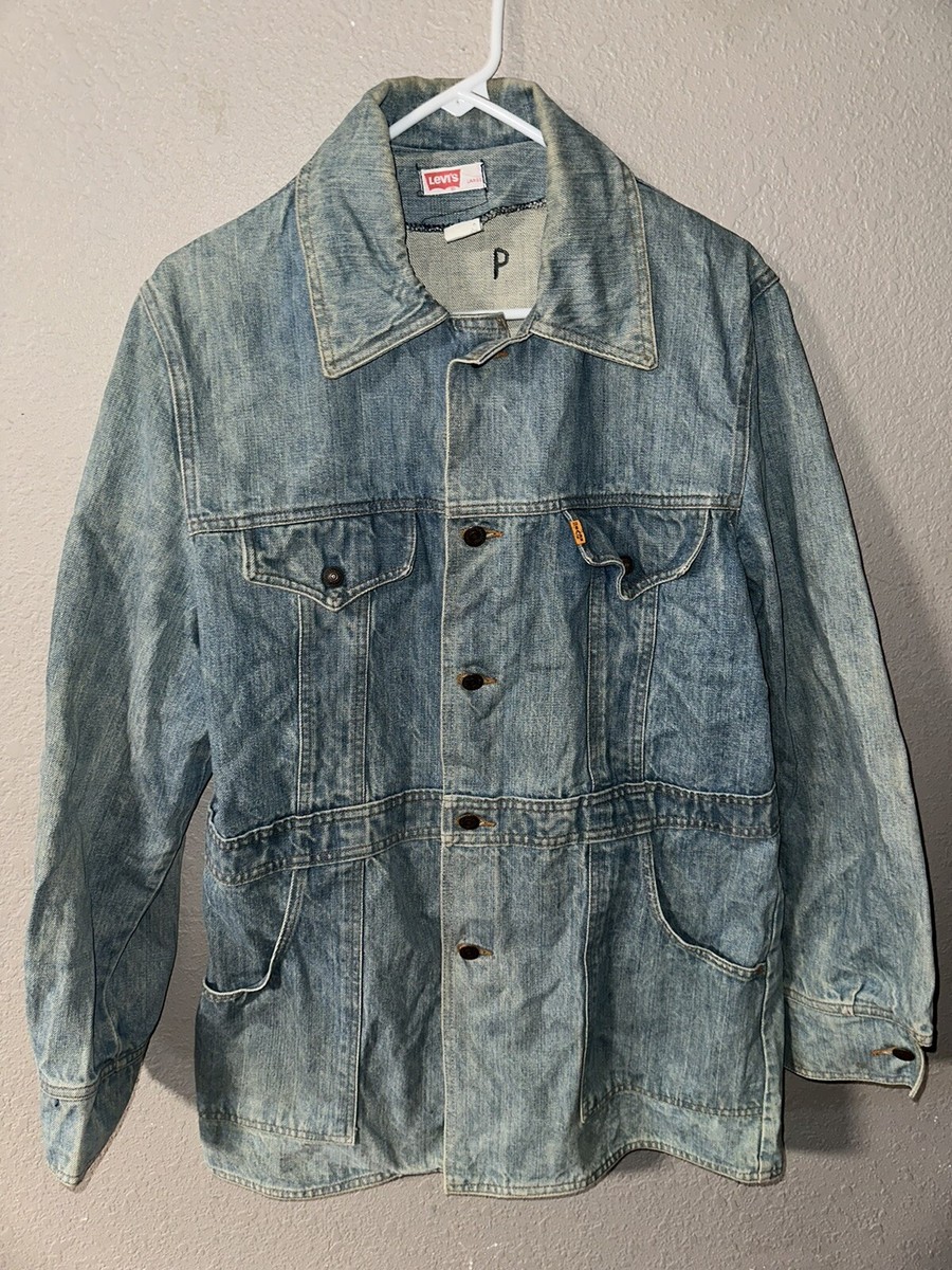 VINTAGE 70's LEVIS WORK CHORE DENIM JACKET COAT SPLIT TAIL ORANGE