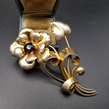 1940's AT Engraved Large Flower Curvaceous Art Nouveau 925 Silver Vintage Brooch