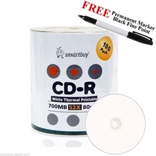 100 Smartbuy 52X CD-R 700MB White Thermal Hub Printable Disc + Black Fine Marker