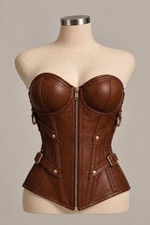 Brown Genuine Leather Corset Top Lace Up Bustier Waist Cincher Gothic.