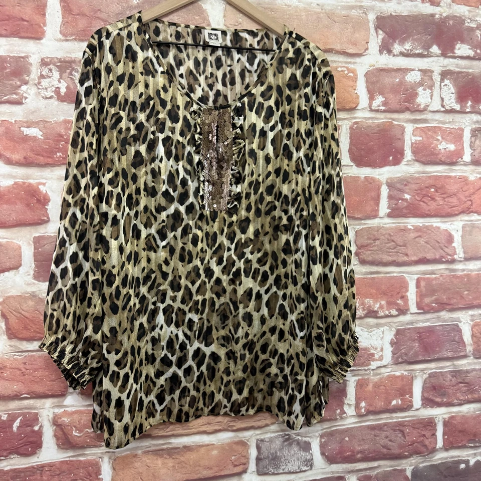 Camisa Anne Klein Para Mujer 3X Estampado Animal Lentejuelas Cuello Transparente Túnica Top Mangas Largas Foto 2 de 4